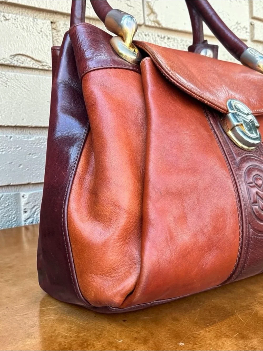 Marino Orlandi Two-Tone Tan & Dark Brown Leather Satchel